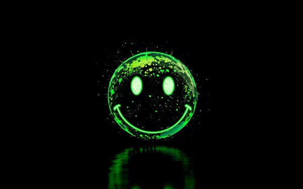A luminous green emoticon with a smiling face, set against a dark background, displayed as a vibrant 4K Ultra HD PC desktop wallpaper.
