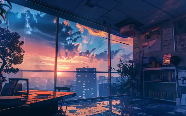 A serene lofi scene featuring a colorful sunset visible through an office window, with urban buildings and plants creating a calming atmosphere. 4K Ultra HD quality.