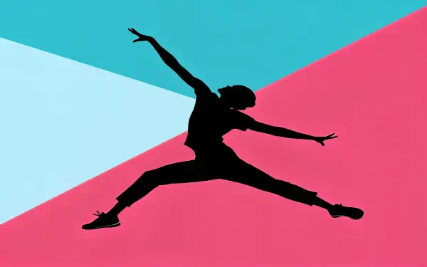 A vibrant 4K Ultra HD background showcases a silhouette of a dancer in an energetic pose, set against a striking geometric backdrop of pink and blue colors.