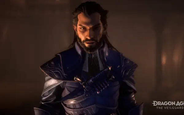 A richly detailed 4K Ultra HD wallpaper from the video game Dragon Age: The Veilguard, featuring a formidable character in intricate armor, set against a moody background.