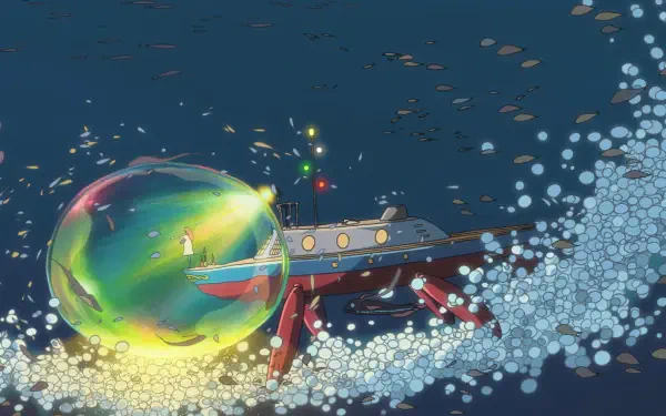 A vibrant scene from Studio Ghibli's Ponyo, featuring a colorful submarine surrounded by fish and shimmering bubbles, perfect as a HD desktop wallpaper.
