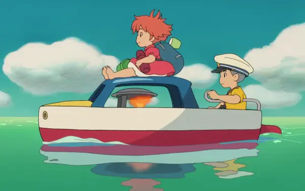A vibrant HD wallpaper featuring characters from Studio Ghibli's *Ponyo*, depicting two children on a colorful boat sailing across a serene, turquoise sea.