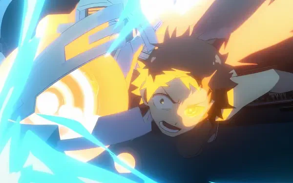 An anime character with mechanical arms, depicted in an action-packed scene, features vibrant colors and dynamic lighting, designed as an HD PC desktop wallpaper and background.