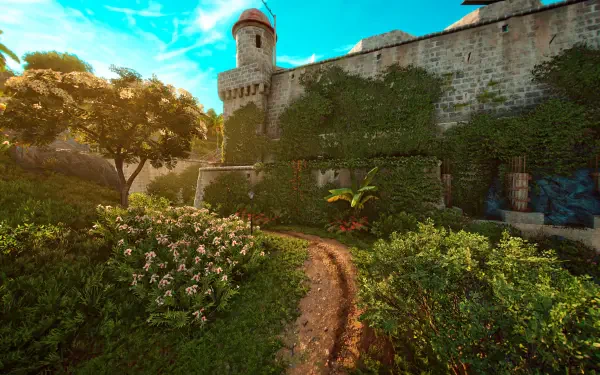 A vibrant 4K Ultra HD desktop wallpaper showcasing a lush, nature-filled pathway leading to a historic tower, inspired by the world of Far Cry 6.