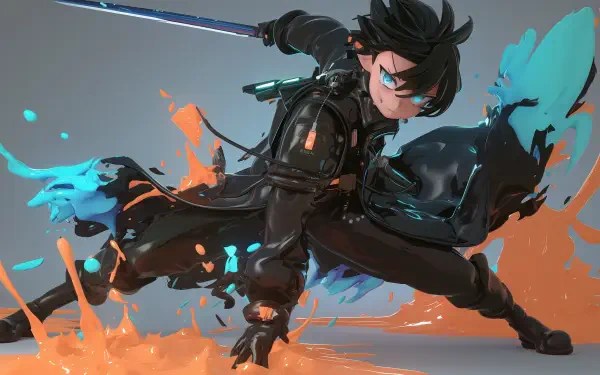 HD wallpaper featuring Kirito from Sword Art Online in an action pose, wielding a sword amidst splashes of vibrant orange and blue paint, showcasing dynamic anime artistry.