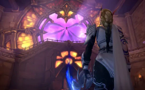 A character stands before a grand, illuminated portal in a scene from World of Warcraft: The War Within, highlighting the game's rich visuals and immersive environment. HD PC desktop wallpaper.