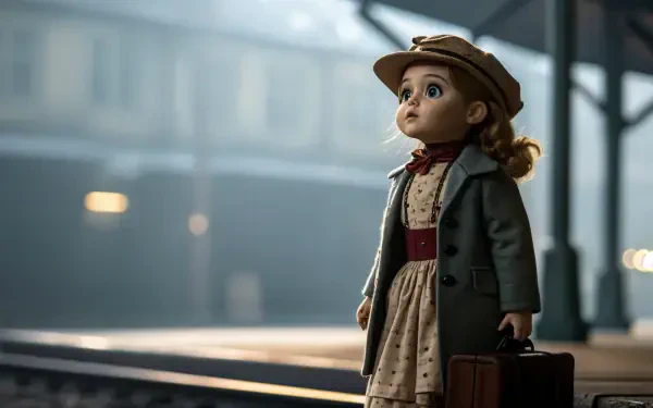 A doll in a vintage outfit stands at a train station, holding a suitcase. The scene is captured in vibrant detail, making it an engaging 4K Ultra HD desktop wallpaper.