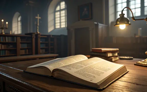 A serene interior with an open scripture on a wooden desk, illuminated by warm light, surrounded by shelves of books and a cross in a softly lit room. 4K Ultra HD wallpaper.