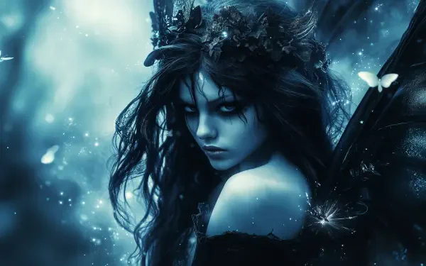 A gothic fairy with dark, flowing hair and a floral crown gazes intensely at the viewer, surrounded by a mystical blue glow, perfect for a fantasy-inspired 4K Ultra HD wallpaper.