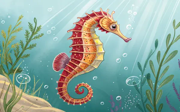 A vibrant illustration of a seahorse swimming amidst bubbles and aquatic plants, showcased in a 4K Ultra HD desktop wallpaper and background.