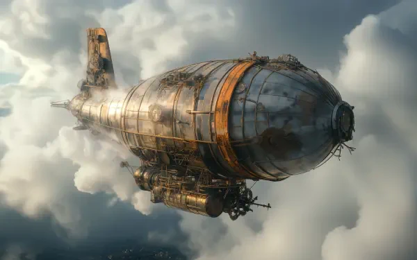 A detailed steampunk airship glides through dramatic clouds, showcasing intricate metallic design in a stunning 4K Ultra HD wallpaper for a captivating desktop background.