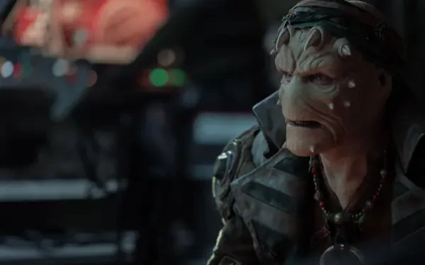 A character from the TV show Star Wars: Skeleton Crew is portrayed in this striking 4K Ultra HD wallpaper, highlighting the series' unique visual style and atmosphere.