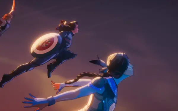 HD PC desktop wallpaper featuring characters from the TV show What If..., showcasing dynamic action and vibrant lighting against a dark background.