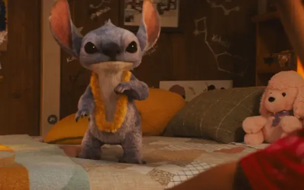 A vibrant HD wallpaper featuring Stitch from Lilo & Stitch (2025), playfully posed on a bed surrounded by colorful bedding and stuffed animals.