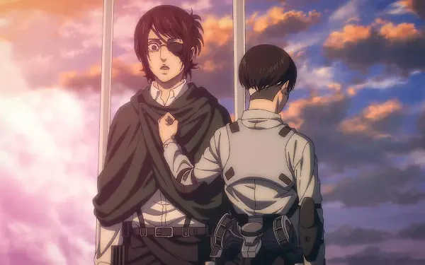 Hange Zoë from Attack on Titan: The Last Attack stands with a dramatic expression against a vibrant sunset background, creating an engaging anime-themed desktop wallpaper.