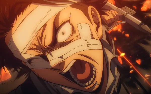 Intense 4K Ultra HD wallpaper featuring Levi Ackerman from the anime Attack on Titan: The Last Attack, showcasing a dramatic, battle-ready expression amid fiery chaos.