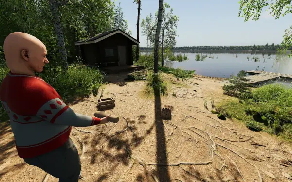 A serene scene from Finnish Cottage Simulator, showcasing a character near a picturesque lakeside cottage surrounded by lush trees and a tranquil water view. HD wallpaper for PC.