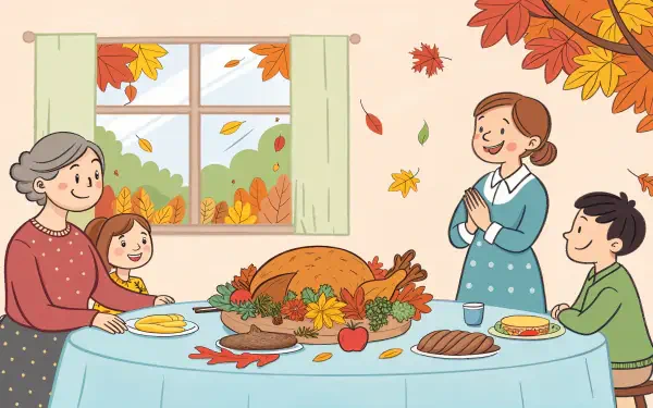A festive Thanksgiving scene featuring a family gathered around a table with a turkey, autumn leaves, and a cozy atmosphere, captured in vibrant 4K Ultra HD quality.