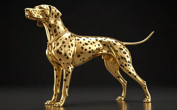 Golden Dalmatian statue in a sleek pose against a dark background, presented as a stunning 4K Ultra HD PC desktop wallpaper and background.