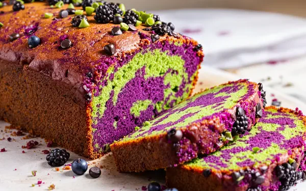A vibrant, marbled pound cake with layers of purple and green, topped with fresh blackberries and nuts, presented as a stunning 4K Ultra HD desktop wallpaper.