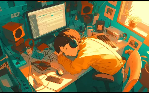 A cozy lofi-inspired scene featuring a person asleep at a cluttered desk with headphones, surrounded by a computer and warm, inviting decor. High-resolution 4K desktop wallpaper.
