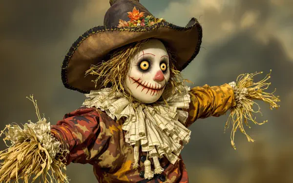 A vividly detailed scarecrow stands against a moody sky, showcasing intricate features and bright colors in this striking 4K Ultra HD desktop wallpaper.