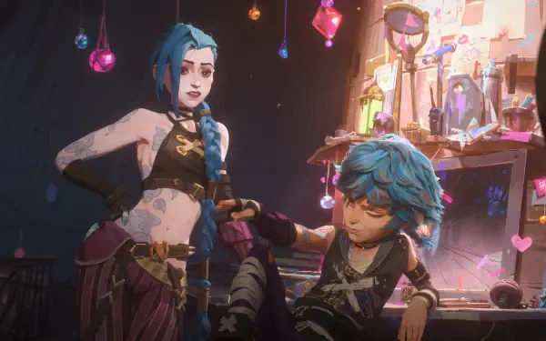 A vibrant wallpaper featuring Jinx and Isha from the animated series Arcane, capturing their playful dynamic against a colorful, enchanting backdrop.