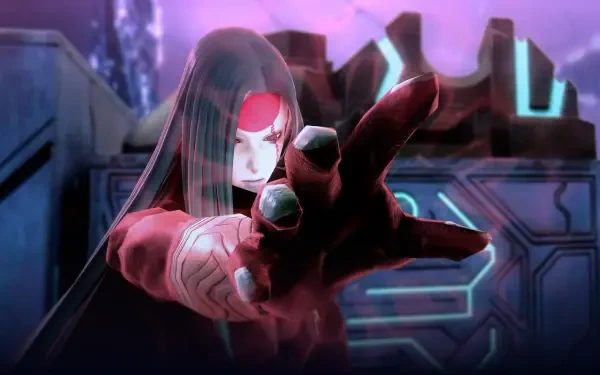 A striking 4K Ultra HD wallpaper from FANTASIAN Neo Dimension, featuring a character with long hair and a red outfit, reaching out with an intense expression against a futuristic backdrop.