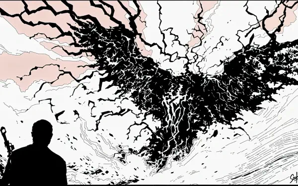 A striking 4K Ultra HD wallpaper titled soulless, featuring a silhouetted figure gazing up at an abstract, black and white explosion of chaotic lines against a soft pink background.