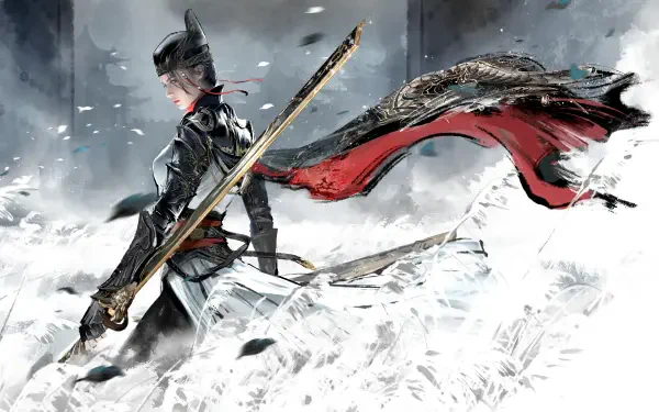 A stunning 4K Ultra HD wallpaper featuring a character from the video game Naraka: Bladepoint, poised with a sword amidst a swirling, ethereal background.