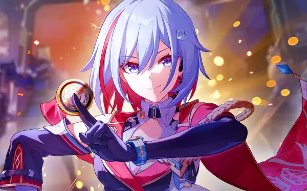 A dynamic HD wallpaper featuring Topaz from the video game Honkai: Star Rail, showcasing her vibrant character design against a backdrop of glowing sparks.