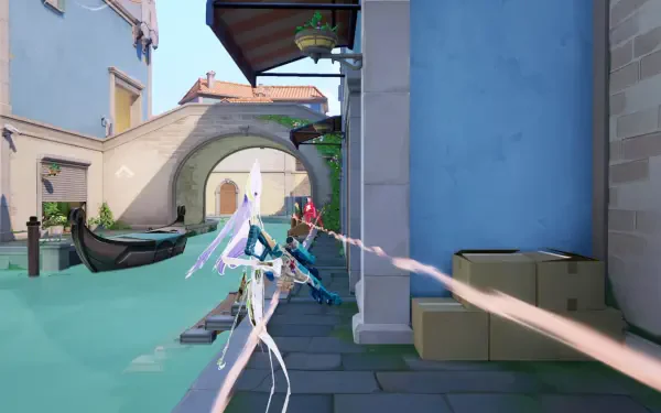 A vibrant HD PC desktop wallpaper features characters from the video game Strinova amidst a picturesque canal scene, blending fantasy and serene architecture.