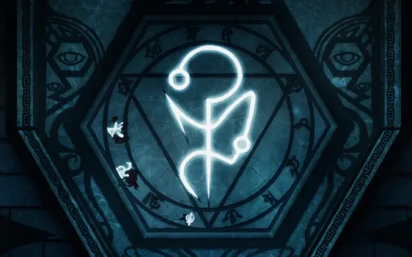 An enigmatic symbol glows against a dark, textured background, embodying the mysterious atmosphere of the video game Enigma of Fear. High-definition PC desktop wallpaper.