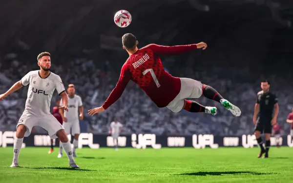 Cristiano Ronaldo leaps into action during a dynamic moment in UFL, showcasing his athleticism and skill in this HD PC desktop wallpaper and background.