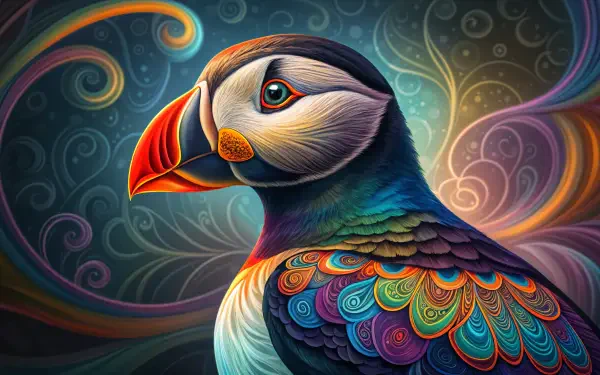 A vivid 4K Ultra HD wallpaper featuring a colorful puffin with intricate patterns and swirls in the background, showcasing its unique and striking appearance.