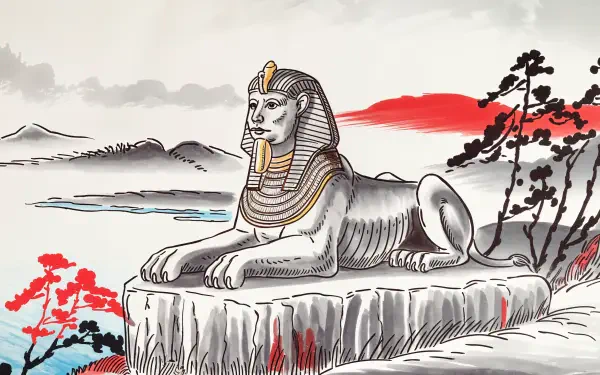 4K Ultra HD desktop wallpaper depicting an ancient Egyptian sphinx sculpture set in a mythological landscape with stylized trees and distant mountains.