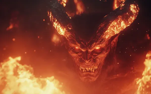 A striking HD desktop wallpaper featuring a fierce Ifrit from Diablo, surrounded by fiery flames and an intense, menacing expression.