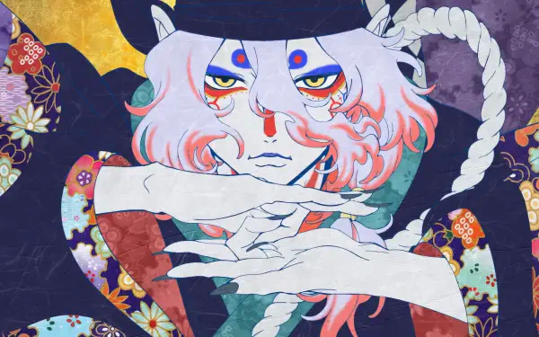 HD wallpaper featuring a character from Mononoke: The Movie - Phantom in the Rain, showcasing intricate designs and vivid colors in a captivating artistic style.
