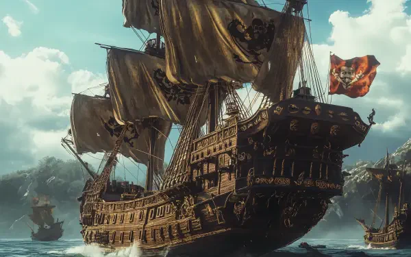 A breathtaking 4K Ultra HD image of a pirate ship sailing on the ocean, featuring billowing sails and a striking flag, set against a dramatic sky and distant ships.