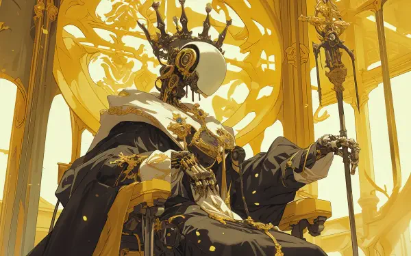 A regal robot king sits upon a throne, adorned in elaborate robes, set against a golden backdrop, embodying the grandeur of a sci-fi space opera in stunning 4K Ultra HD.