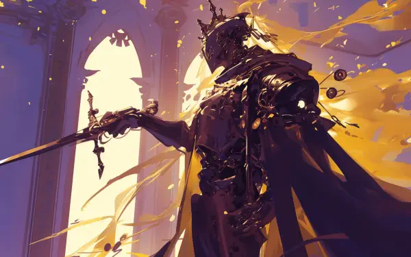 A majestic fantasy king stands confidently, holding a sword, with flowing golden robes and a regal crown, set against a backdrop of ethereal light and architectural elegance.