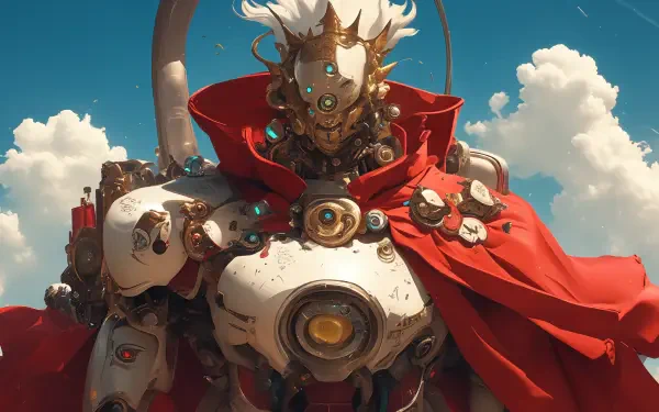 A majestic robot king stands prominently against a blue sky, adorned in a flowing red cape and intricate mechanical details, showcasing a stunning sci-fi aesthetic in 4K Ultra HD.
