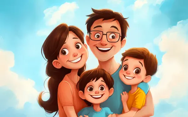 A joyful family poses together against a bright blue sky, showcasing smiles and love, perfect for a 4K Ultra HD PC desktop wallpaper and background.
