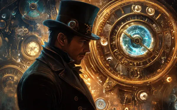 A mysterious time traveler in a top hat stands against a backdrop of intricate, glowing clock gears, showcasing a rich, steampunk aesthetic in this 4K Ultra HD desktop wallpaper.
