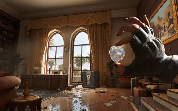 A captivating HD PC desktop wallpaper featuring a hand holding a crystal in a sunlit, stylish room, inspired by the action and intrigue of Delta Force.