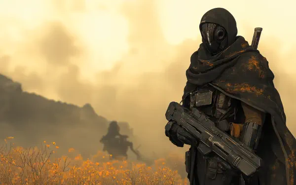 A mysterious mercenary stands in a barren landscape, donning a dark cloak and helmet while gripping a futuristic weapon, set against a dramatic sci-fi backdrop.