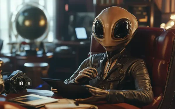 A detailed depiction of an alien diplomat seated at a desk, engaged with a tablet, surrounded by a futuristic office environment. This 4K Ultra HD wallpaper captures a whimsical sci-fi atmosphere.