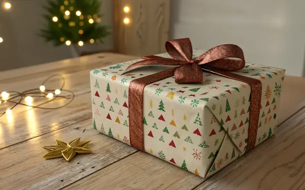 A beautifully wrapped gift adorned with a bronze ribbon rests on a wooden table, surrounded by soft glowing lights, creating a cozy holiday atmosphere. 4K Ultra HD desktop wallpaper.