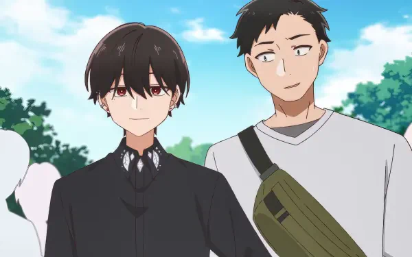 Anime-inspired HD wallpaper featuring two characters at an all-guy's mixer, set against a vibrant outdoor background. 