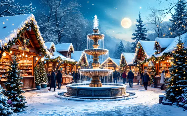 A charming Christmas market scene with twinkling lights, snowy surroundings, a festive fountain, and evergreen trees, captured in stunning 4K Ultra HD. Perfect as a desktop wallpaper.